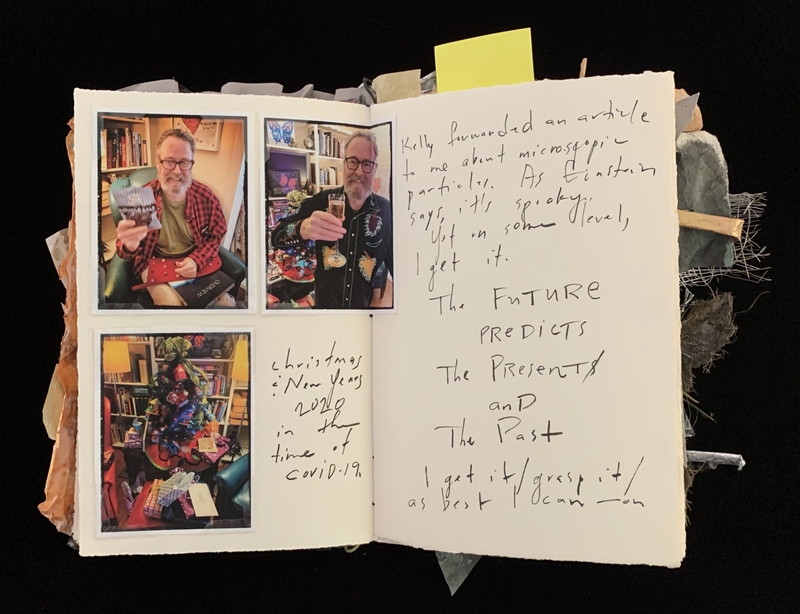 A scrapbook page featuring photographs and handwritten notes, with a focus on a humorous quote about the future predicting the present and past.