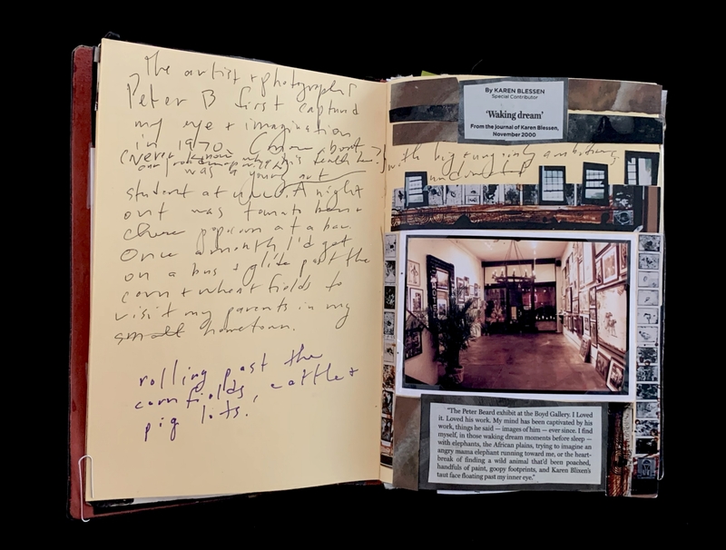 A scrapbook page featuring handwritten notes, a photograph, and a small article titled "Waking Dream" by Karen Blessen.