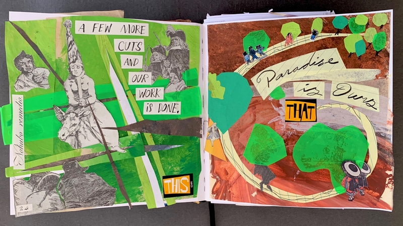 A collage-style journal page featuring a mix of hand-drawn illustrations, text, and abstract shapes.