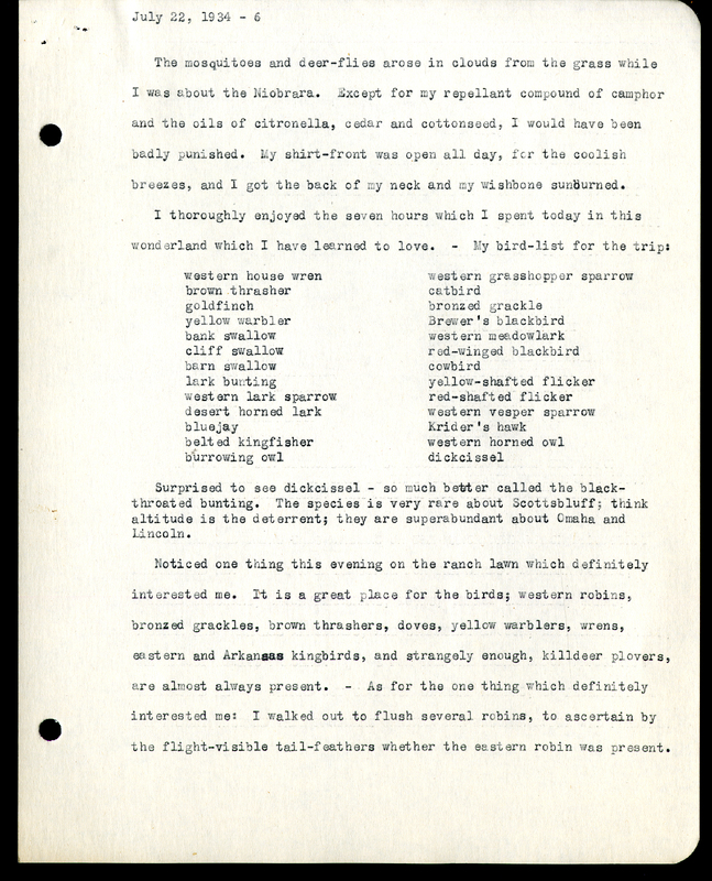 Frank H. Shoemaker typescript, 8 pages, on trip to Agate Springs Ranch with bird list.