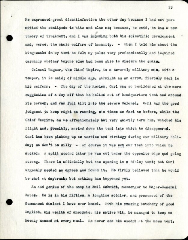 Frank H. Shoemaker typescript, 28 pages, titled "At Fort Riley, Kansas" on activities at Fort Riley between Oct. 12-29, 1903.