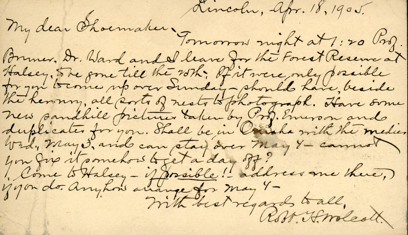 Handwritten postcard from Robert H. Wolcott to Frank H. Shoemaker, "Tomorrow night at 1:20 Prof. Bruner, Dr. War and I leave for the Forest Reserve at Halsey, she gone till the..."
