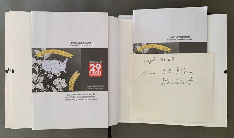 A promotional booklet page featuring a map of the United States with floral designs and text about educational initiatives.