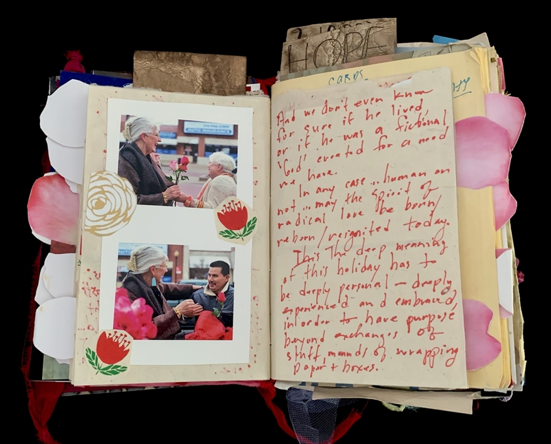 A scrapbook page featuring photographs, handwritten text, and decorative elements.