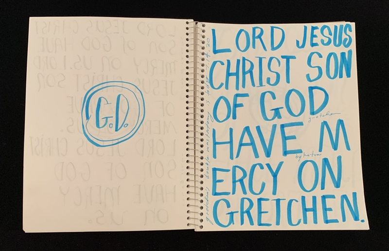 A handwritten prayer page featuring a circular doodle and bold text.