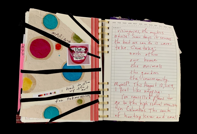 A journal page featuring a collage of colorful circles, a photograph of a mouth with text, and handwritten notes discussing personal reflections and plans.