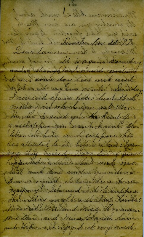 Handwritten 6 page letter from Marcia Bruner to Lawrence Bruner, "It is again Sunday and I thought I would write to you…"
