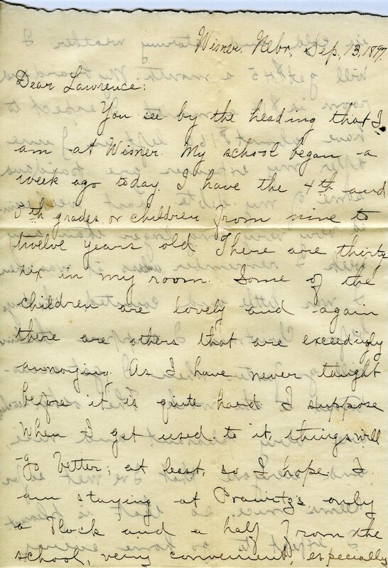 Handwritten 10 page letter from Amy Bruner to Lawrence Bruner, "You see by the heading that I am at Wisner…"