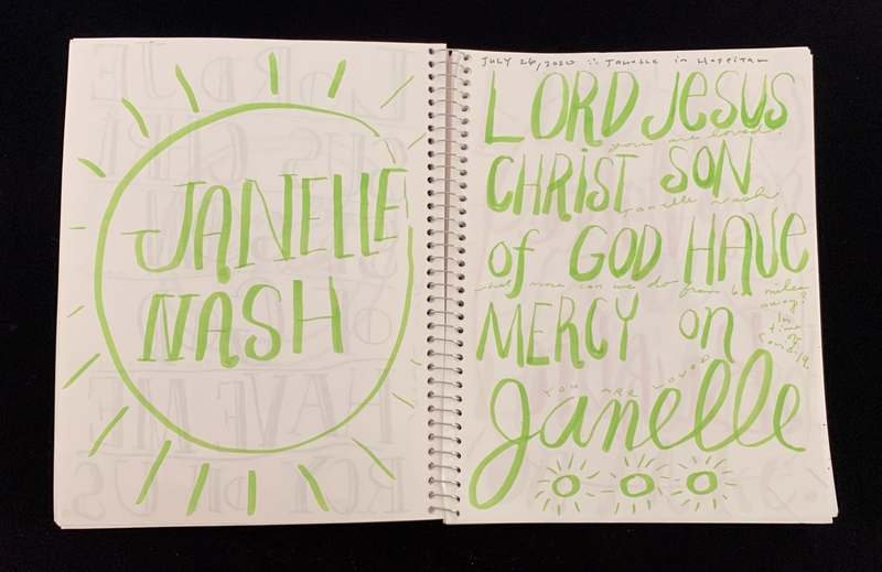 A handwritten page featuring a sun illustration and a prayer for Janelle Nash.