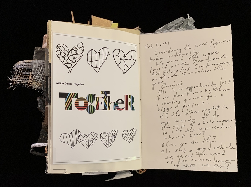 A page from a notebook featuring a poster by Milton Glaser and handwritten notes discussing the "Love Project."