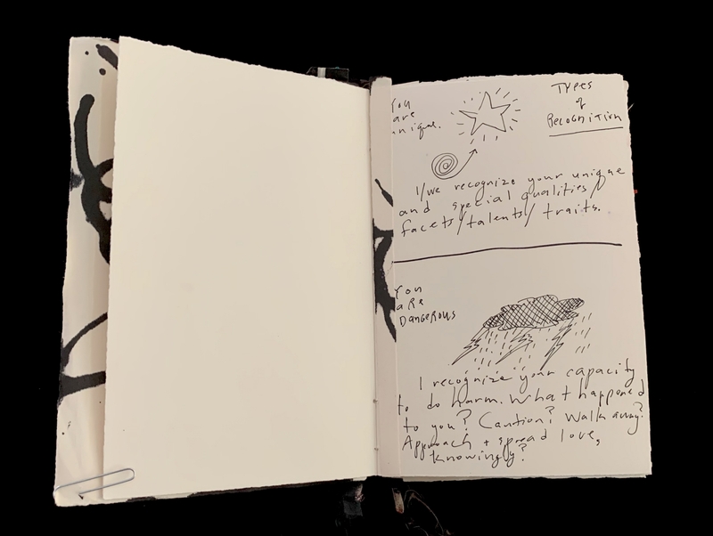 Open notebook with handwritten notes and sketches on one page.