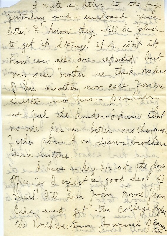 Handwritten 10 page letter from Amy Bruner to Lawrence Bruner, "You see by the heading that I am at Wisner…"