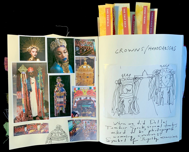 An open journal with images of crowns and headdresses on the left and sketches with handwritten notes on the right.