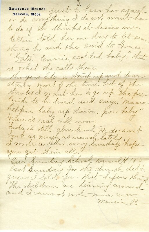 Handwritten 4 page letter from Marcia Bruner to Lawrence Bruner, "It was nearly three weeks the last time…"