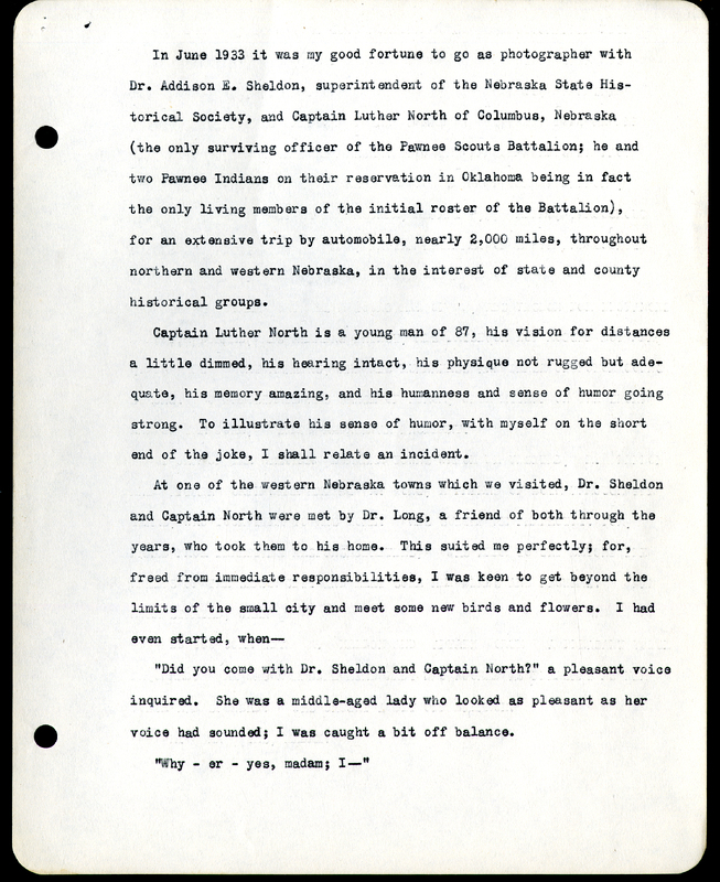 Frank H. Shoemaker typescript, 4 pages, on trip as photographer with  Addison E. Sheldon, along with notes from Captain Luthor North's travel diary.