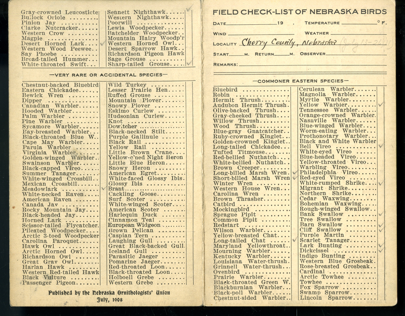 Frank H. Shoemaker bird record, sited on July 13-26, 1911, in Cherry County, Nebraska, and recorded on the "Field Check List of  Nebraska Birds."