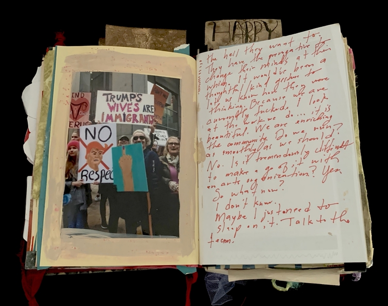 A protest photograph is juxtaposed with handwritten reflections on activism and community engagement.