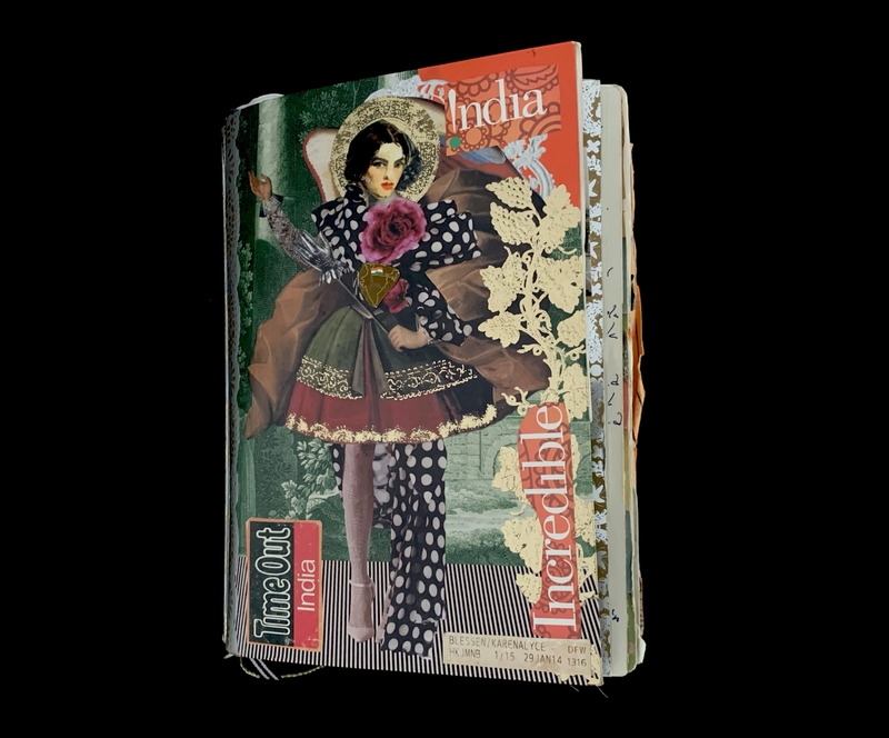 A mixed-media collage featuring a fashionably dressed figure with a polka-dotted suit and a skirt, surrounded by colorful patterns and text elements like "India" and "Time Out India."