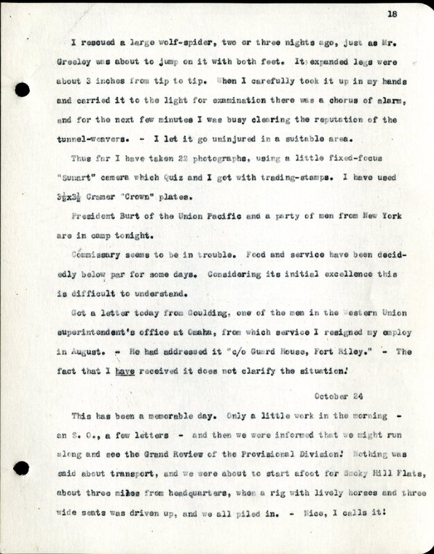 Frank H. Shoemaker typescript, 28 pages, titled "At Fort Riley, Kansas" on activities at Fort Riley between Oct. 12-29, 1903.