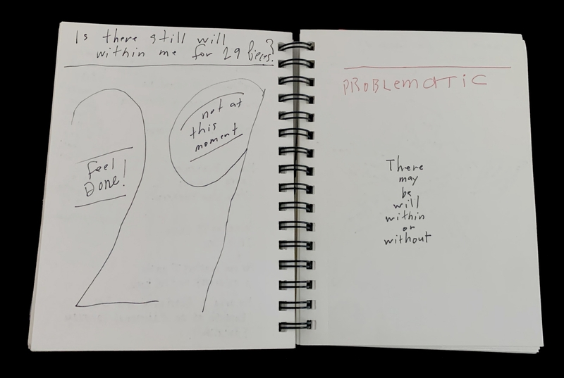 A notebook page with handwritten text and doodles, questioning the presence of will within the author for 29 beers.