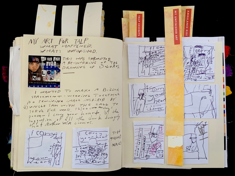 Open journal with handwritten notes and sketches, including text discussing artwork and sketches with visible text "I carry your heart."