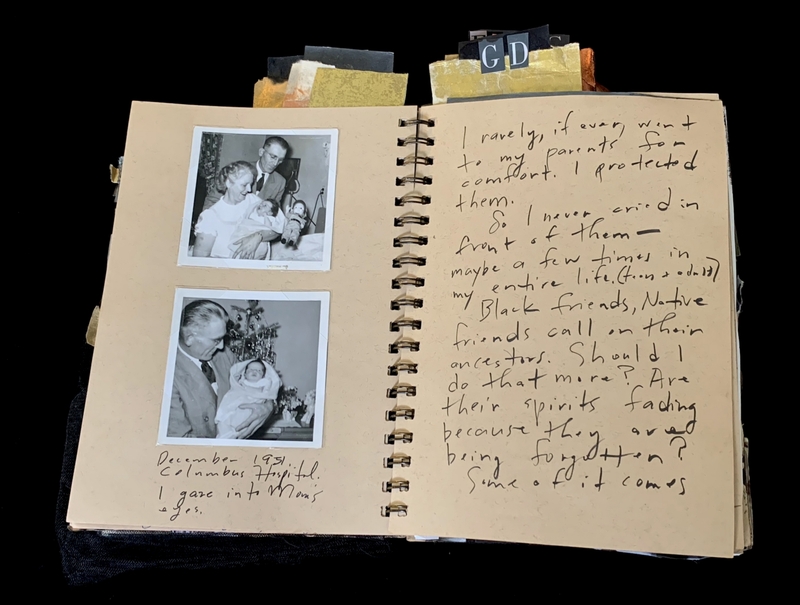A handwritten page in a scrapbook with two black-and-white photographs and accompanying text.