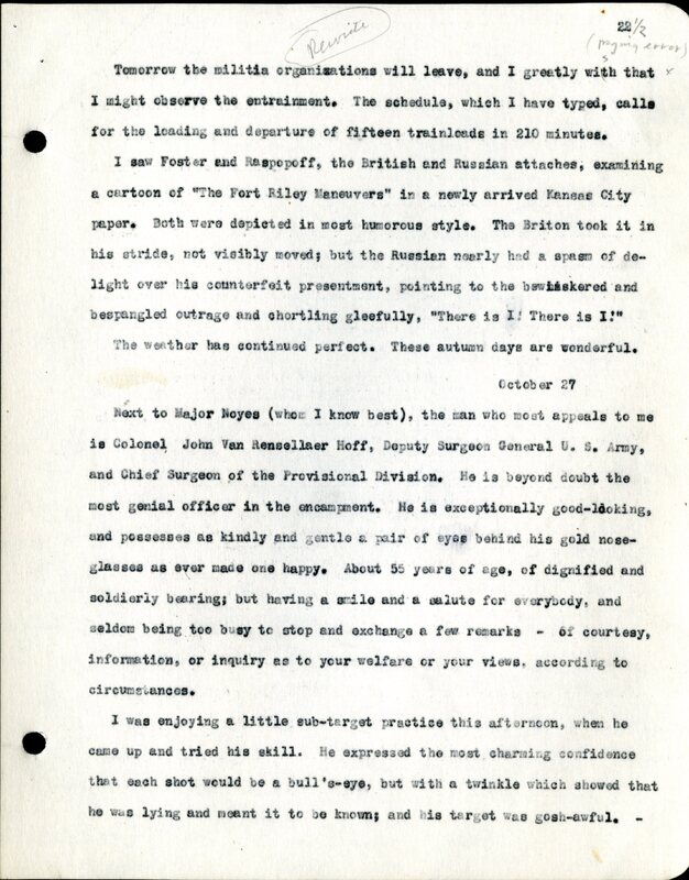Frank H. Shoemaker typescript, 28 pages, titled "At Fort Riley, Kansas" on activities at Fort Riley between Oct. 12-29, 1903.
