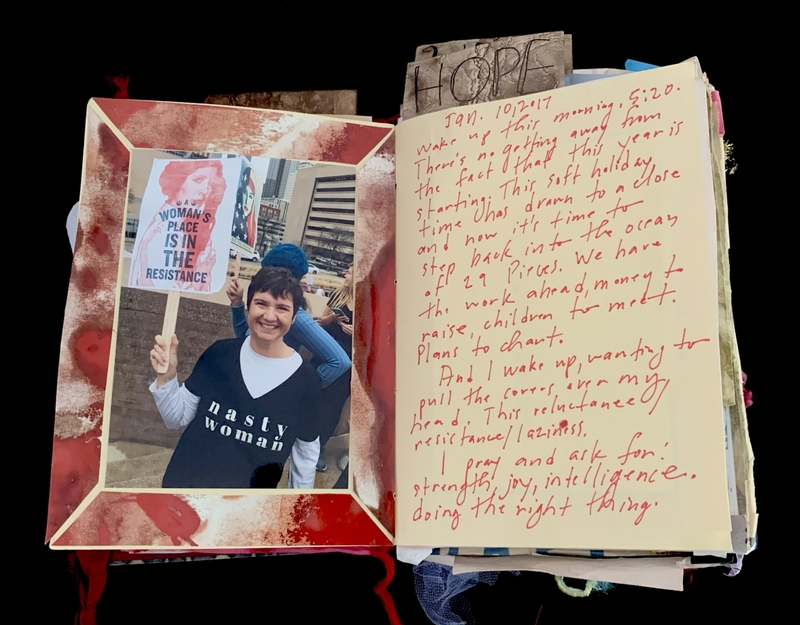 A scrapbook page featuring a photograph and handwritten text, symbolizing personal reflection and activism.
