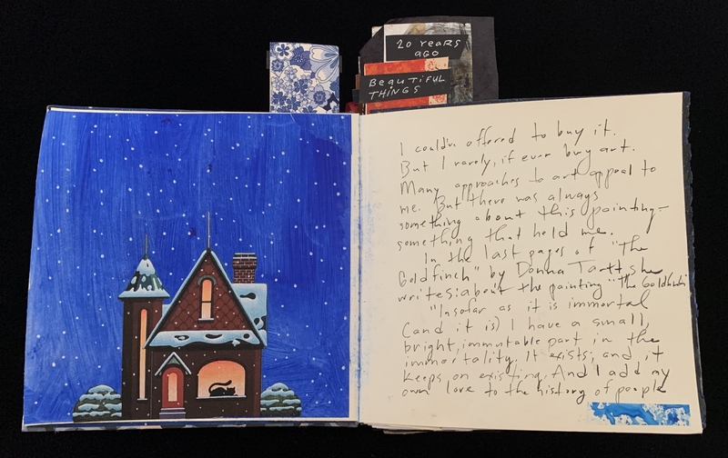 Open journal with a house illustration on the left and handwritten text on the right.