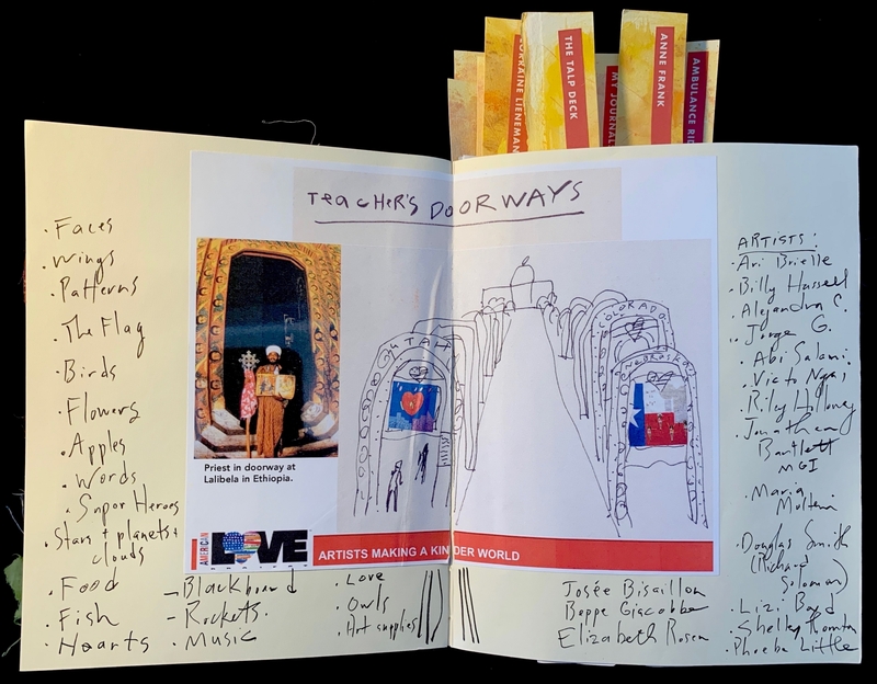Open journal with handwritten lists and illustrations, featuring a photograph of a priest and artwork of archways.