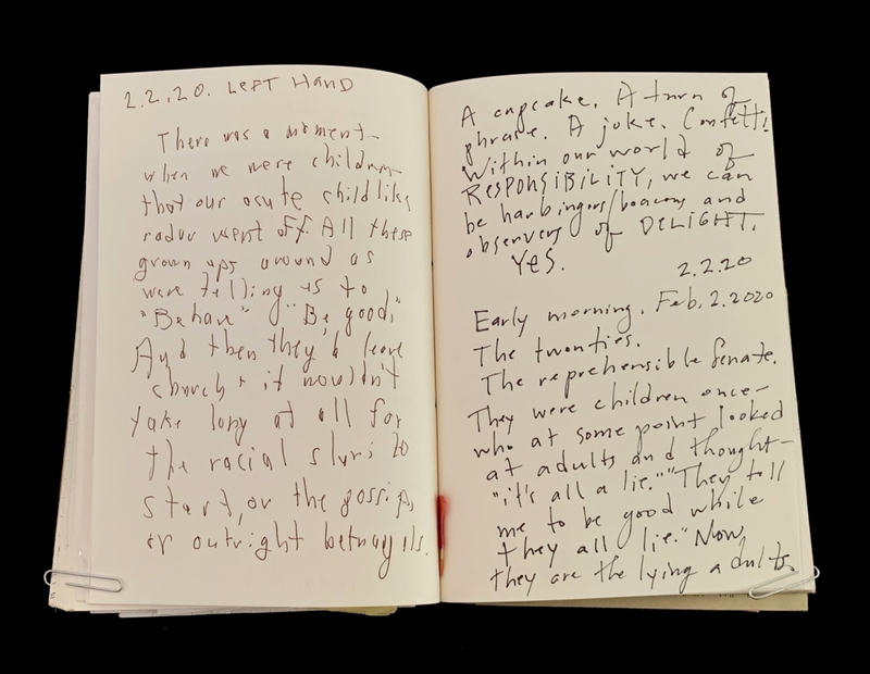 Open notebook with handwritten entries discussing childhood and adulthood themes.