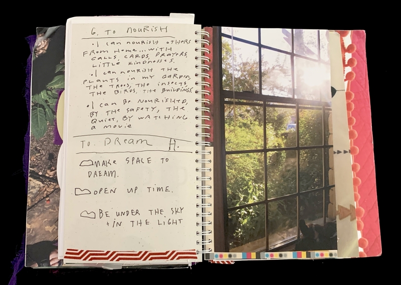 A journal page with handwritten notes and a photograph of a window with a view of greenery.
