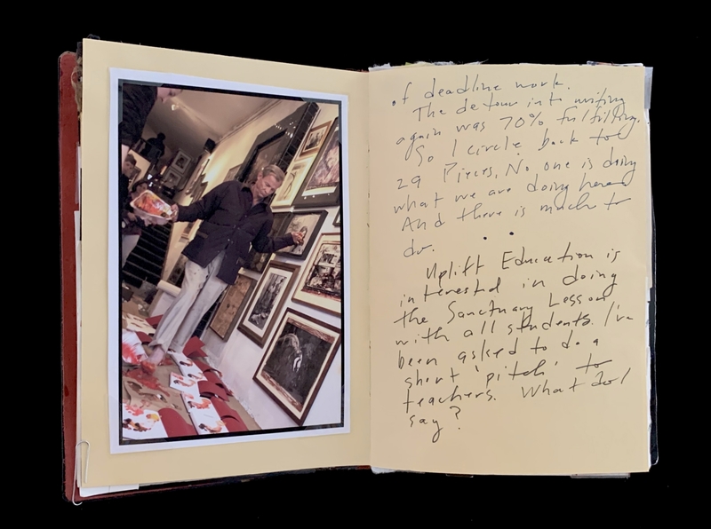 A handwritten note with a photograph of a person in a gallery setting.