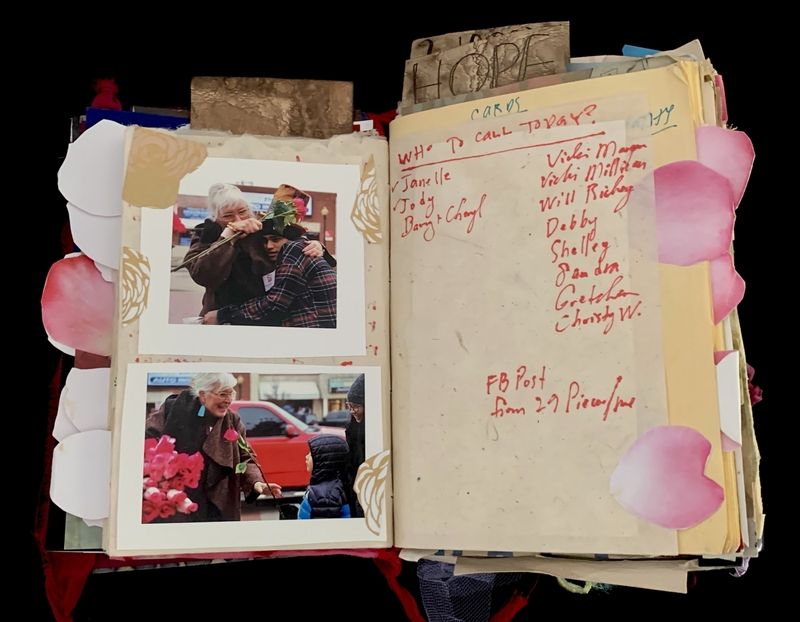 A scrapbook page featuring photographs, handwritten notes, and decorative elements.