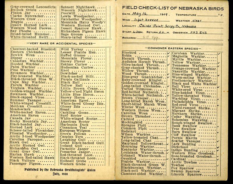 Frank H. Shoemaker bird record, sited on May 16, 1909, in Sarpy County, Nebraska, and recorded on the "Field Check List of  Nebraska Birds."