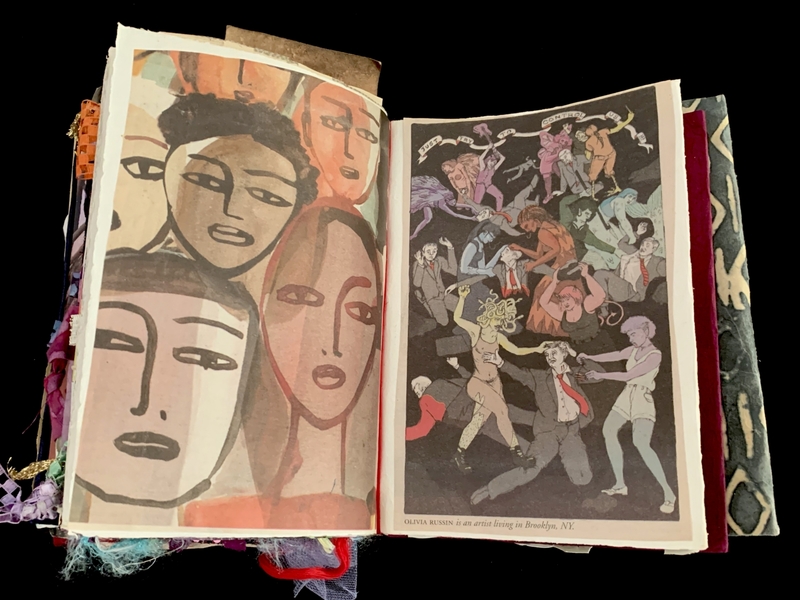 A mixed-media collage featuring abstract faces and a scene of figures in dynamic poses.