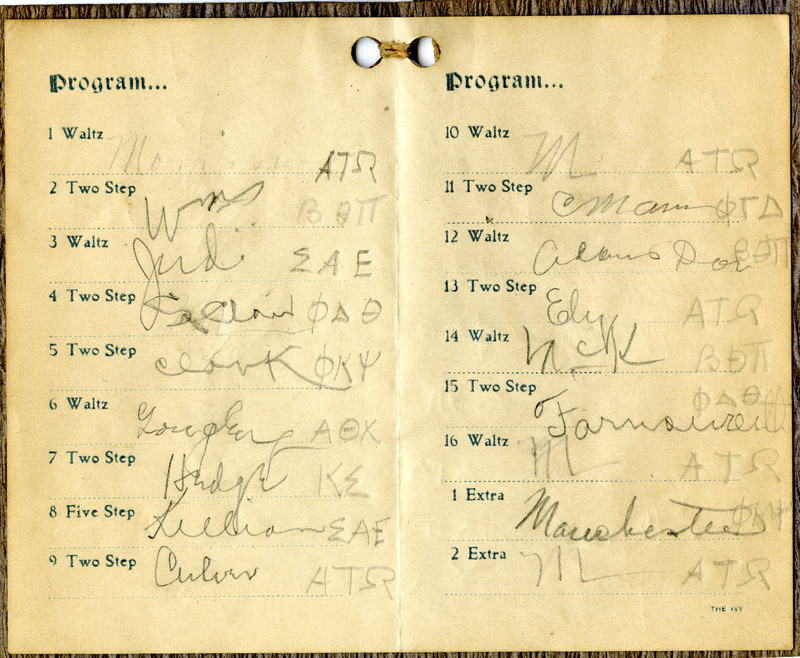 Bound by string with a thin leather cover, these dance cards were often used at dances held by the university or fraternal organizations. In this particular case, a fraternal organization put on the formal, as can be seen by the mens name behind the dance, with their Greek letters following their name.