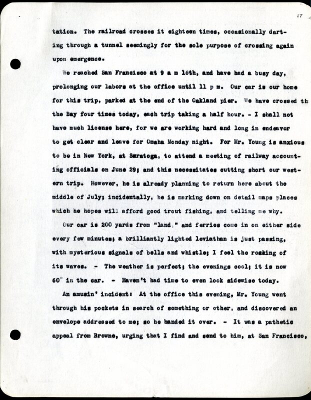Frank H. Shoemaker typescript, 19 pages, noted on front page as "Have selected from my pocket day-dooks items pertaining to my leisure activities while on trips as private secretary to General Auditor of U.P.-S.P. and affiliates."