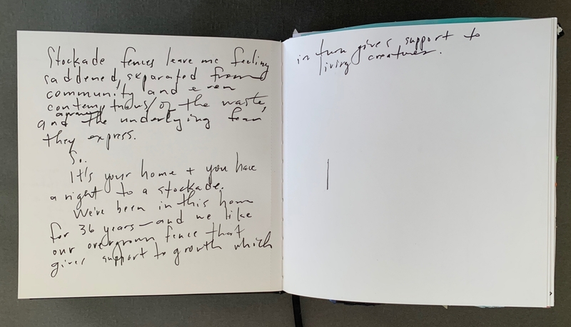 A handwritten journal page discussing feelings about stockade fences and their impact on community and growth.