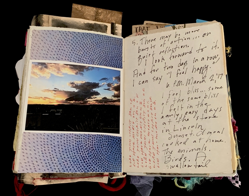 A scrapbook page featuring a photograph of a sunset, abstract patterns, and handwritten reflections.