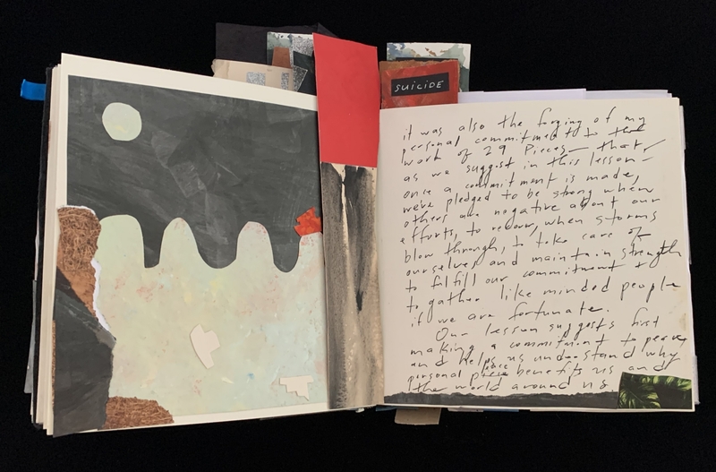 Open book with an abstract collage on the left and handwritten text on the right.
