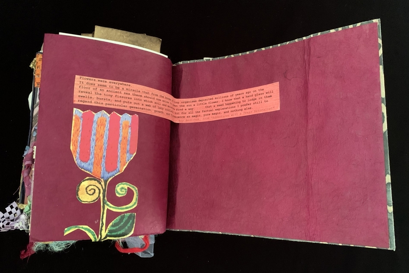 A page from a mixed-media art journal featuring a vibrant illustration of a tulip and a handwritten note.