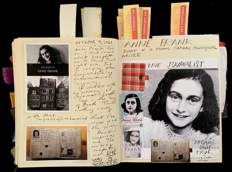 An open journal with handwritten reflections, photos of Anne Frank, and captions about Anne Frank as a writer and journalist.