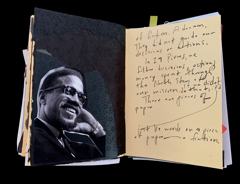 A page from a notebook featuring a photograph of Malcolm X and handwritten text discussing the importance of action over words.