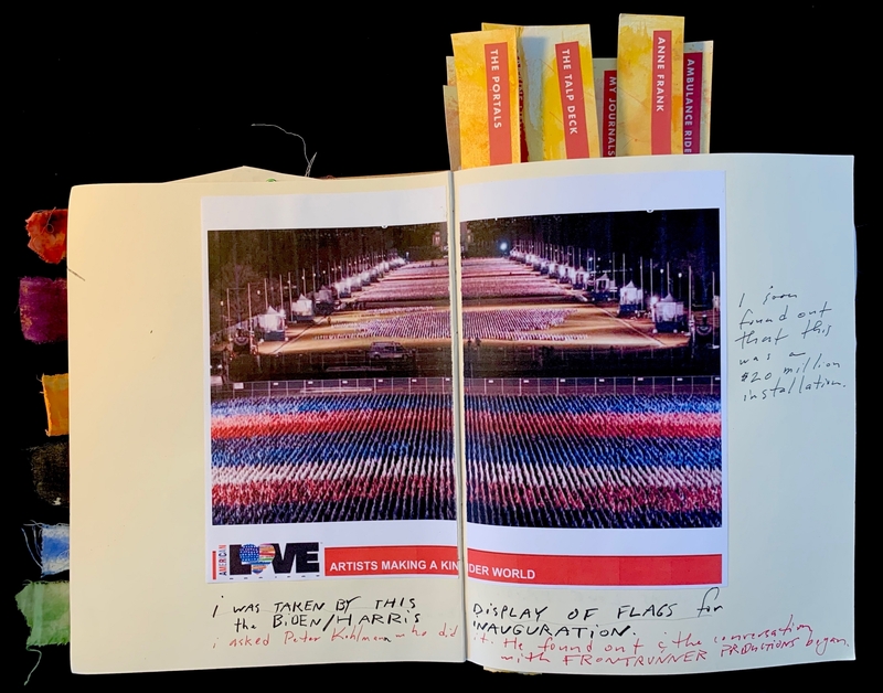 Journal spread with a photo of flags, handwritten notes, and colorful tags.
