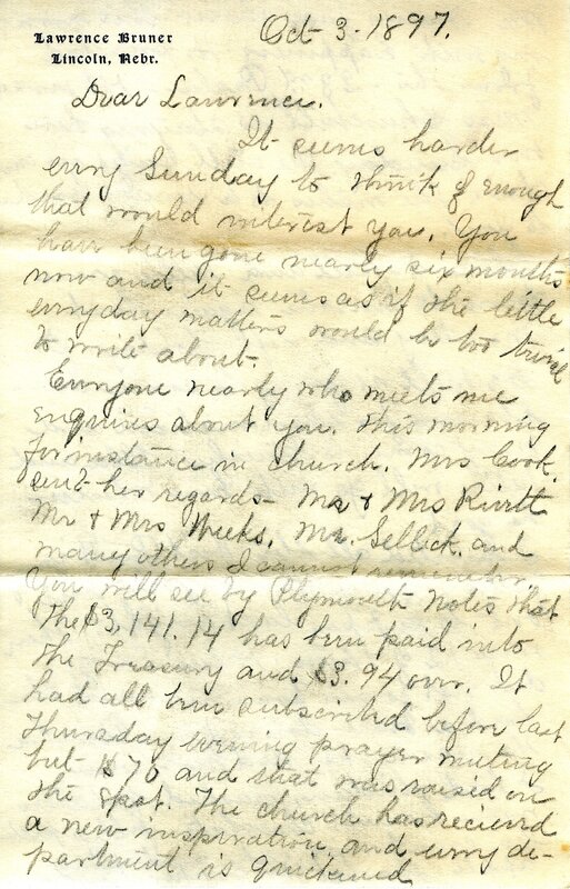 Handwritten 8 page letter from Marcia Bruner to Lawrence Bruner, "It seems harder every Sunday…"