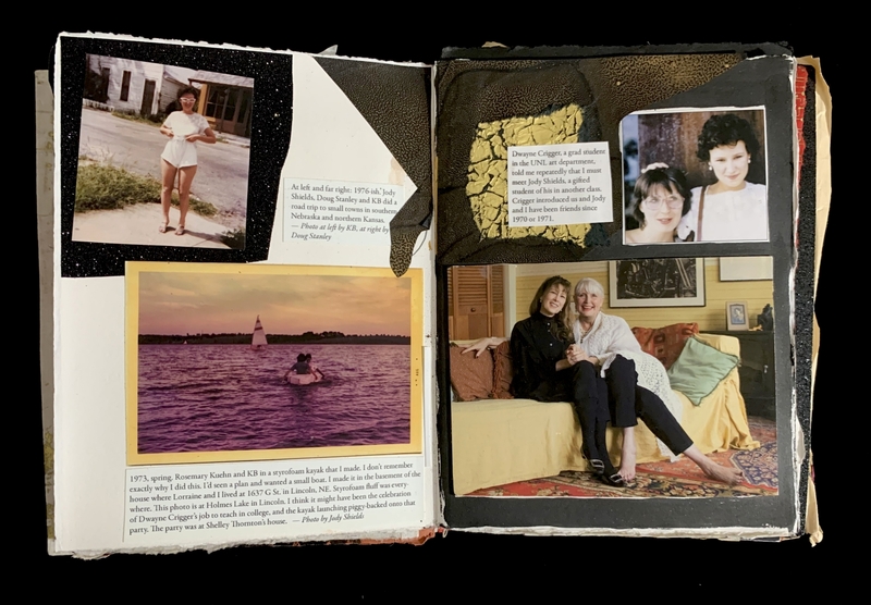 Scrapbook pages with four photos, showcasing scenes of people outdoors and indoors, complemented by typed text captions.