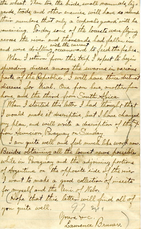 Handwritten 4 page letter from Lawrence Bruner to Psyche Bruner, "Just a week ago today I wrote a letter (to Mamma) from Carcarañá..."