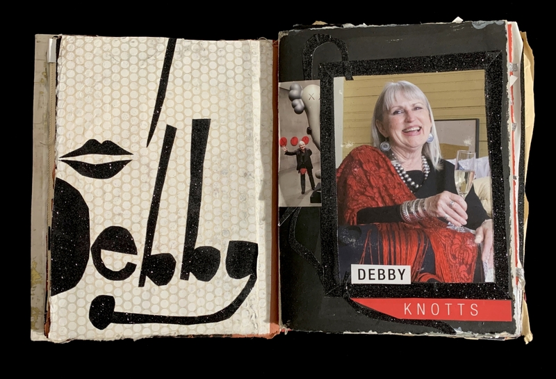 Open scrapbook with a stylized name "Debby" on the left and a photo of a smiling woman on the right.