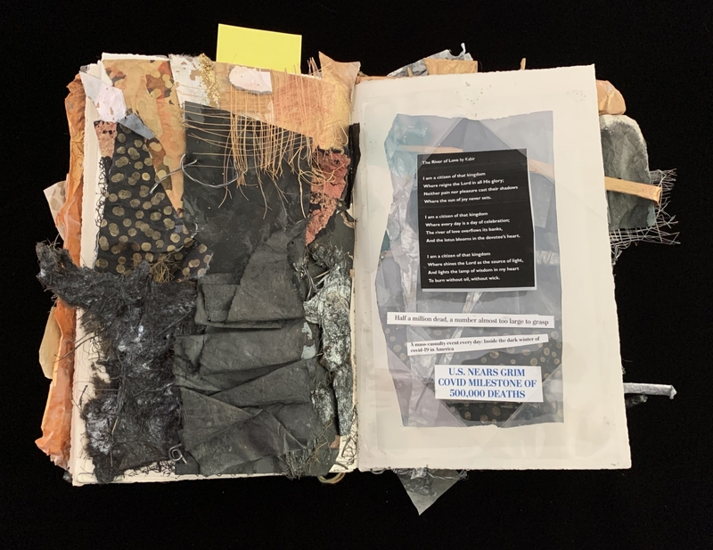 A mixed-media art piece featuring a collage of fabric, paper, and text, with a focus on a poem and a news headline about COVID-19 deaths.